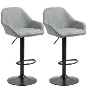 Adjustable Bar Stools Set of 2, Swivel Barstools with Footrest and Back, PU Leather, for Kitchen Counter and Dining Room, Gray