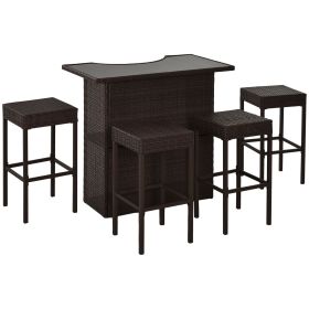 5-Piece Rattan Wicker Bar Set with Glass Top Table, 2 Tier Storage Shelf, and 4 Bar Stools for Outdoor, Patio, Garden, Brown