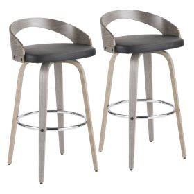 Grotto Mid-Century Modern Barstool with Light Grey Wood and Black Faux Leather by - Set of 2