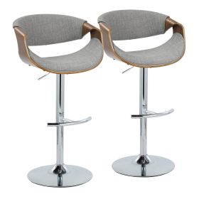Curvo Mid-Century Modern Adjustable Barstool with Swivel in Chrome Metal, Walnut Wood and Light Grey Fabric with Rounded T Footrest by - Set of 2
