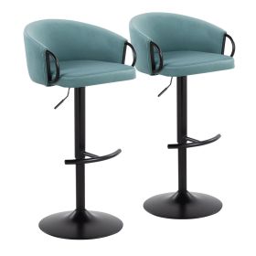Claire Contemporary Adjustable Barstool with Swivel in Black Metal and Light Blue Velvet with Rounded T Footrest by - Set of 2