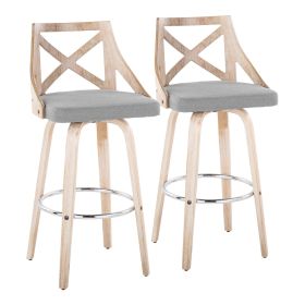 Charlotte 30" Farmhouse Fixed-Height Barstool with Swivel in White Washed Wood and Light Grey Fabric with Round Chrome Metal Footrest by - Set of