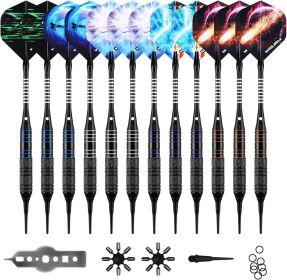Darts Plastic Tip - Soft Tip Darts Set - 12 Pcs 18 Gram with 100 Extra Dart Tips 12 Flights Flight Protectors and Wrench for Electronic Dart Boar