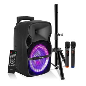 5 Core Party Speaker Bluetooth 250W Big Monster Powered Rechargeable Outdoor PA DJ System w Disco Lights 2 Wireless Karaoke Mics Portable Rolling