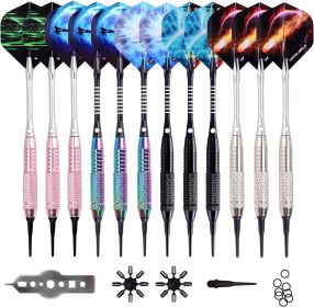 Darts Plastic Tip - Soft Tip Darts Set - 12 Pcs with 100 Extra Dart Tips 12 Flights Flight Protectors and Wrench for Electronic Dart Board (Color: pink+silver+black+rainbow)